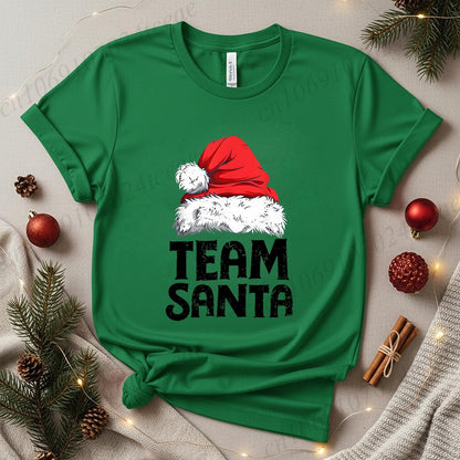 Women's Casual Short Sleeve T-Shirt with Christmas Team Santa Print T-Shirts Round Neck Christmas Party Wear Women's Clothing