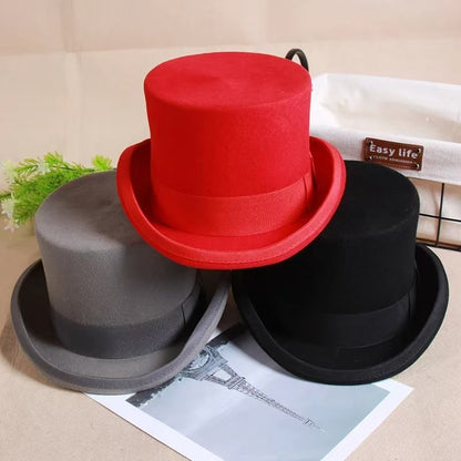 Wool Flat Man Top Hat Fashion Fedora Hats Versatile Panama Magician Cap Gentleman Cylinder Strap Steampunk Unisex Elegant