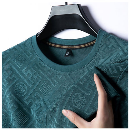 2024 Summer Ice Silk Men's Jacquard Short Sleeve T-shirt High end Brand Fashion Jacquard Cool Breathable Casual Round Neck Top
