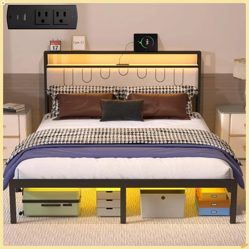 Black Platform Bed Full-Size, Charging Station & LED Lights - Double Storage Headboard for Room