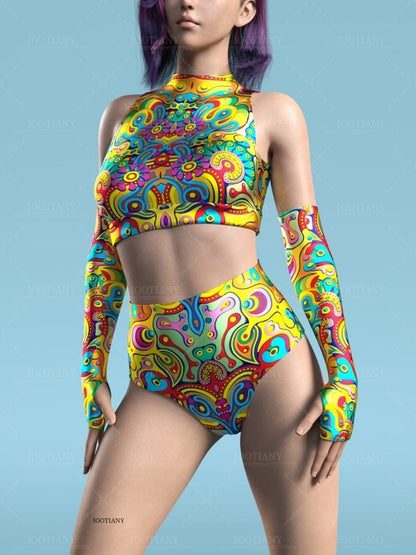Adult Summer Role Play Bodysuit Women Sexy Hollow Sleeveless Blue Graffiti Art Swimsuit Carnival Party Stage Performance Clothes