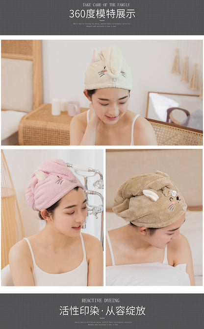 Cute Cat Hair Cap Microfiber Hair Towel Long Hair Quick Dry Hat Bath Towel Strong Water Absorbent Women Wrap Wiping Hair Towel