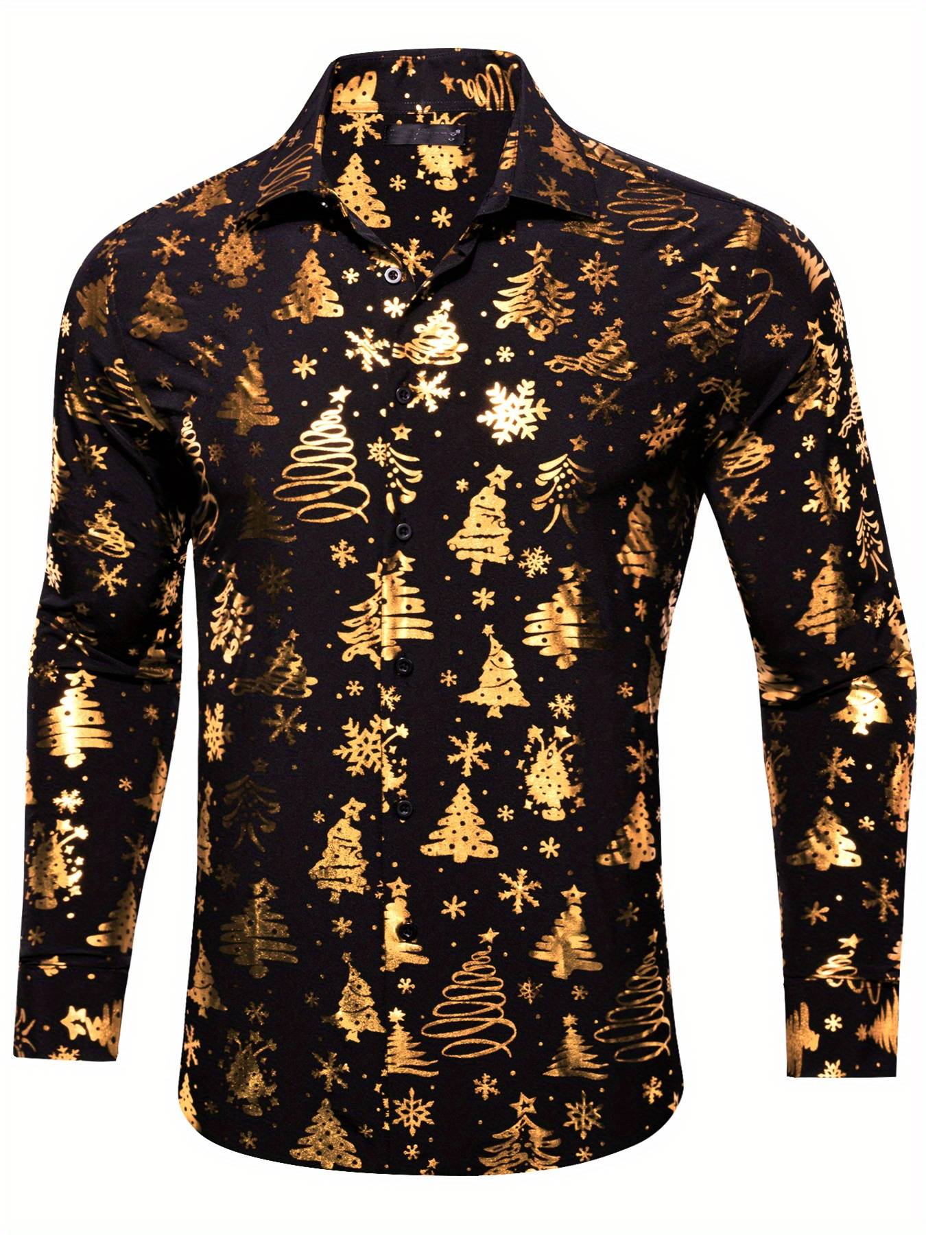 Christmas Theme Men's Golden Christmas Tree 3D Printed Formal Shirts Christmas Graphic Long Sleeve Shirt Fashion Men's Shirts