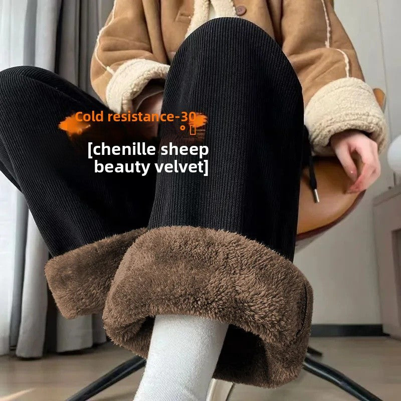 Thickened Fleece Lamb Velvet Large Size Corduroy Wide Leg Casual Straight Leg Pants Women Autumn Winter Special Thick Shiny Casu