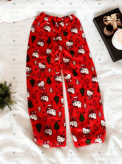 2025 Winter Women Hello Kitty Christmas Tree plush Pajama Pants Soft Trousers Cute Women Casual Home Anime Cartoon  Pajama Pants