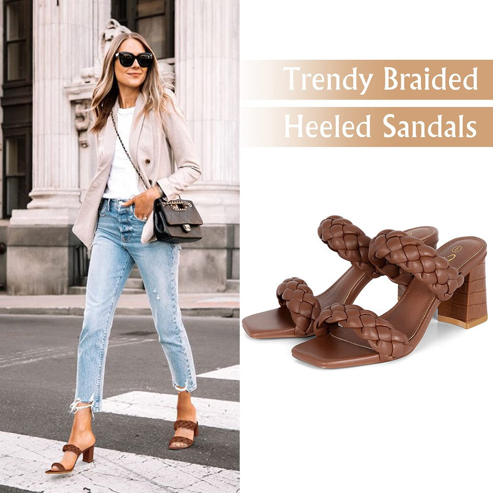 Elegant Women's Braided Heels Sandalias Fashion Strappy Square Sandals Open Toe Backless Mules Slip On Block Heeled Shoes