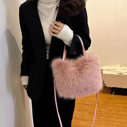 Faux Fur Tote Bag Women's Bucket Plush Light Luxury Ladies Handbags Soft Winter Crossbody Shoulder Bags