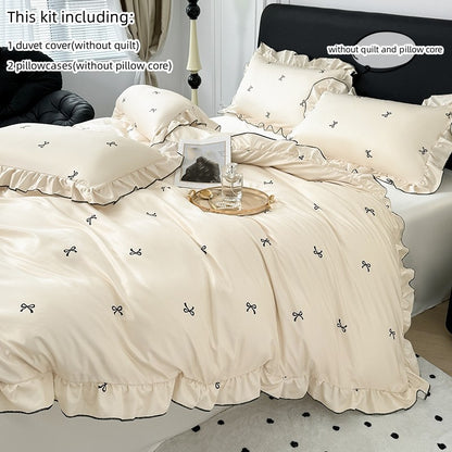 Conjunto de capa de edredom coreana de renda 3 peças (1*Capa de Edredom + 2*Fronhas, Sem enchimento), Conjunto de cama com estampa de bolinhas pretas