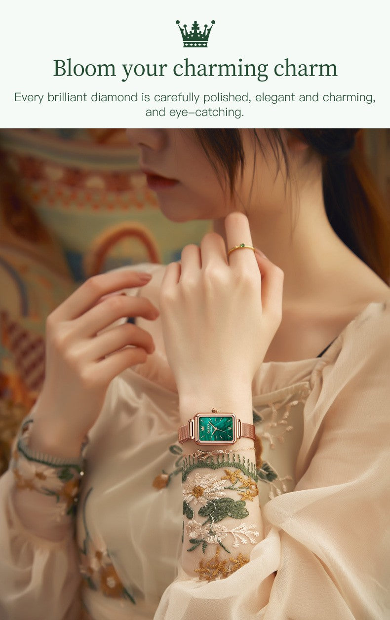 OLEVS 6624 Original Women Watch Luxury Top Green Square Waterproof Clock Fashion Elegant Brand Women Quartz Watch Reloj Mujer