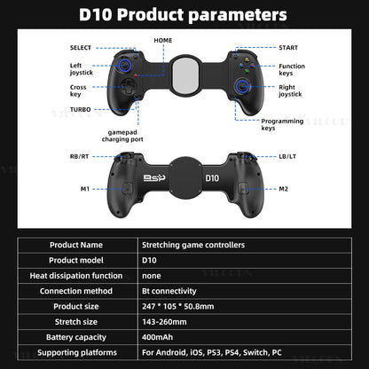 D10/D10S Mobile Game Controller Tablet Wireless Gamepad For Android/IOS/Switch/PS3/PS4 Stretching Joystick with M1M2
