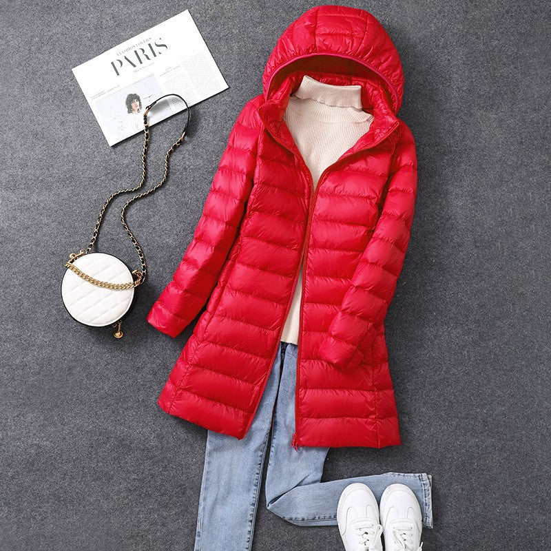 Women's X-long Office Lady Hat Detachable Puffer Jackets 2025 New Arrival Autumn Winter White Duck Down Warm Coat