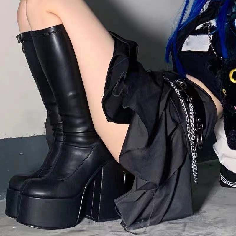 Comemore Women Punk Style Autumn Winter Chunky Platform High Boot Party Shoes Ladies Black Thick Heels Elastic Knee High Boots