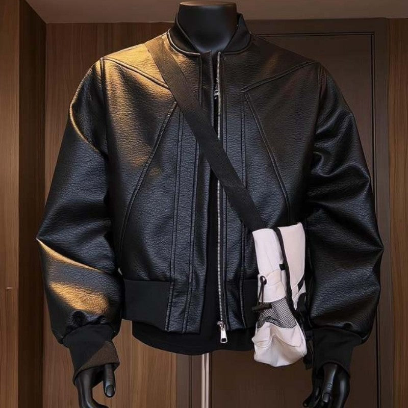 American Trend Retro Crack Leather Versatile Casual Jackets Stand Collar Leather Bomber 2025 Men's Fashion Commuter Leather Coat