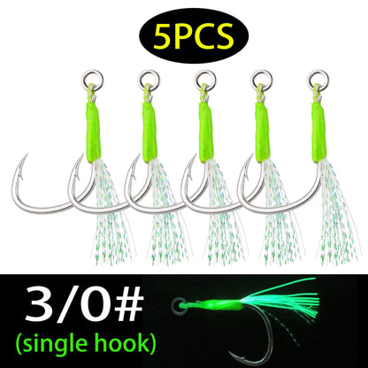 Anzóis Jig Assist 5 Peças, Linha de Aço Inoxidável de Alta Resistência, Tubo Luminoso, Pena, Anel Sólido, Anzol de Jigging, Anzóis de Pesca de Barco
