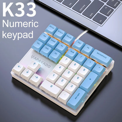 K33 Numeric Keypad Wired APAYADO 33key Mini Mechanical Numeric Keyboard Colorful Lighting for Finance accounting Workers