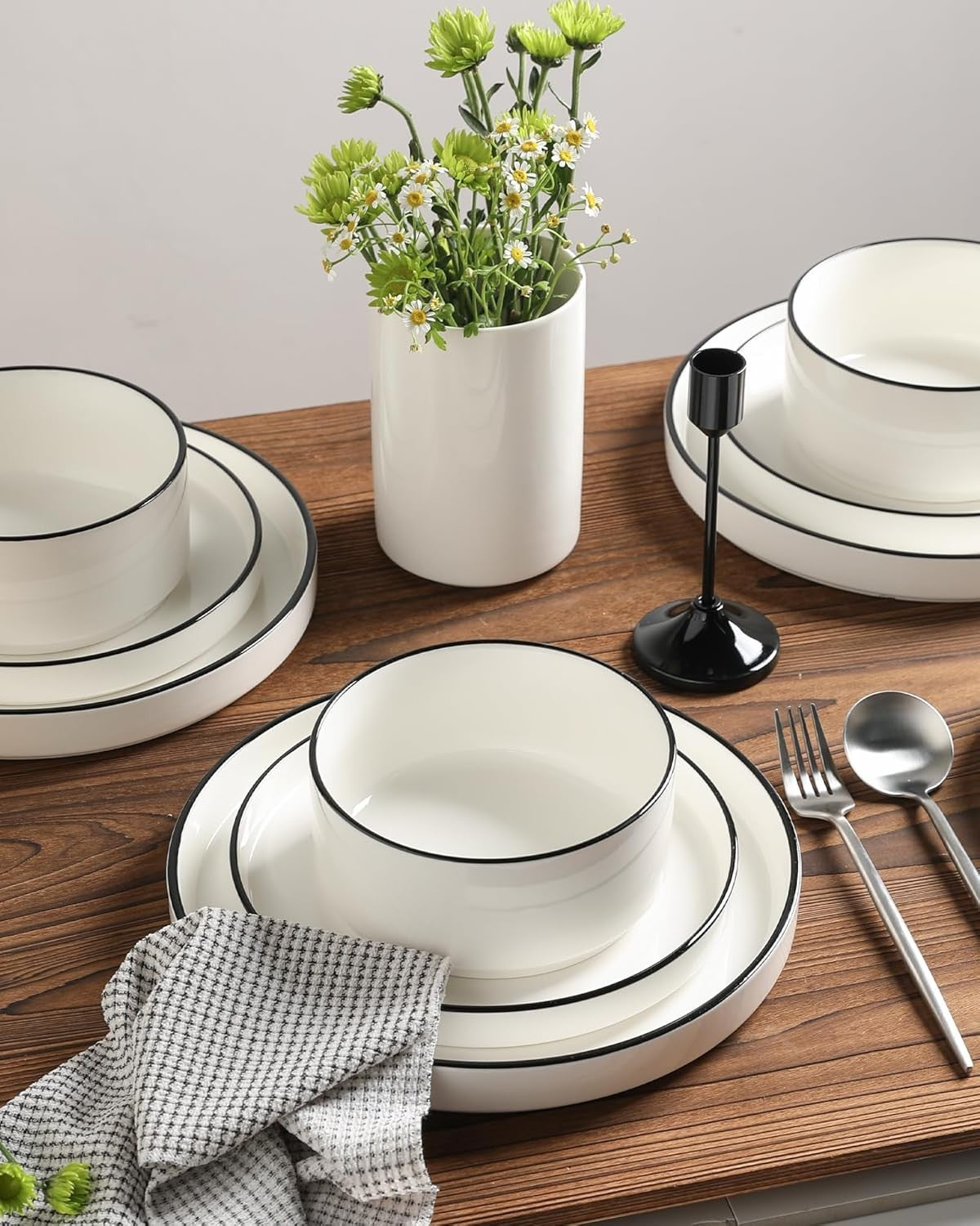 Porcelain Dinnerware Sets for 4, 12 Pieces Ceramic Plates and Bowls Set, Classic Modern Simple Kitchen Dinner Dining Ware Set, D