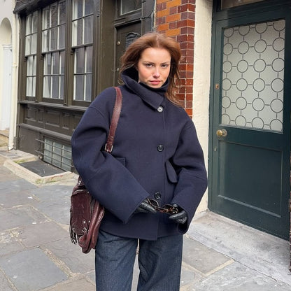 Elegant Stand Collar Woolen Jacket For Women Y2K Single Breasted Button Pockets Coat Lady 2025 Autumn Winter Street Chic Outwear