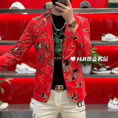 Spring and Summer Suits, Elastic, Luxurious, Koi Men's Slimming, High-end Ironing, Casual, Fashionable and Individual Outerwear