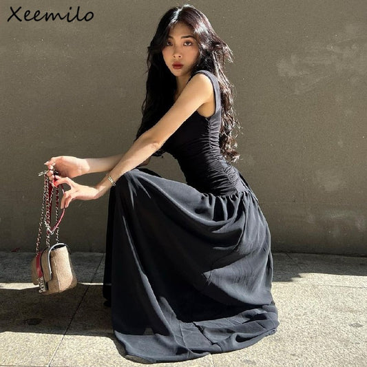 WhereMery Elegant Slip Long Dresses Sexy Women Ruched Bodycon Solid Maxi Dress S