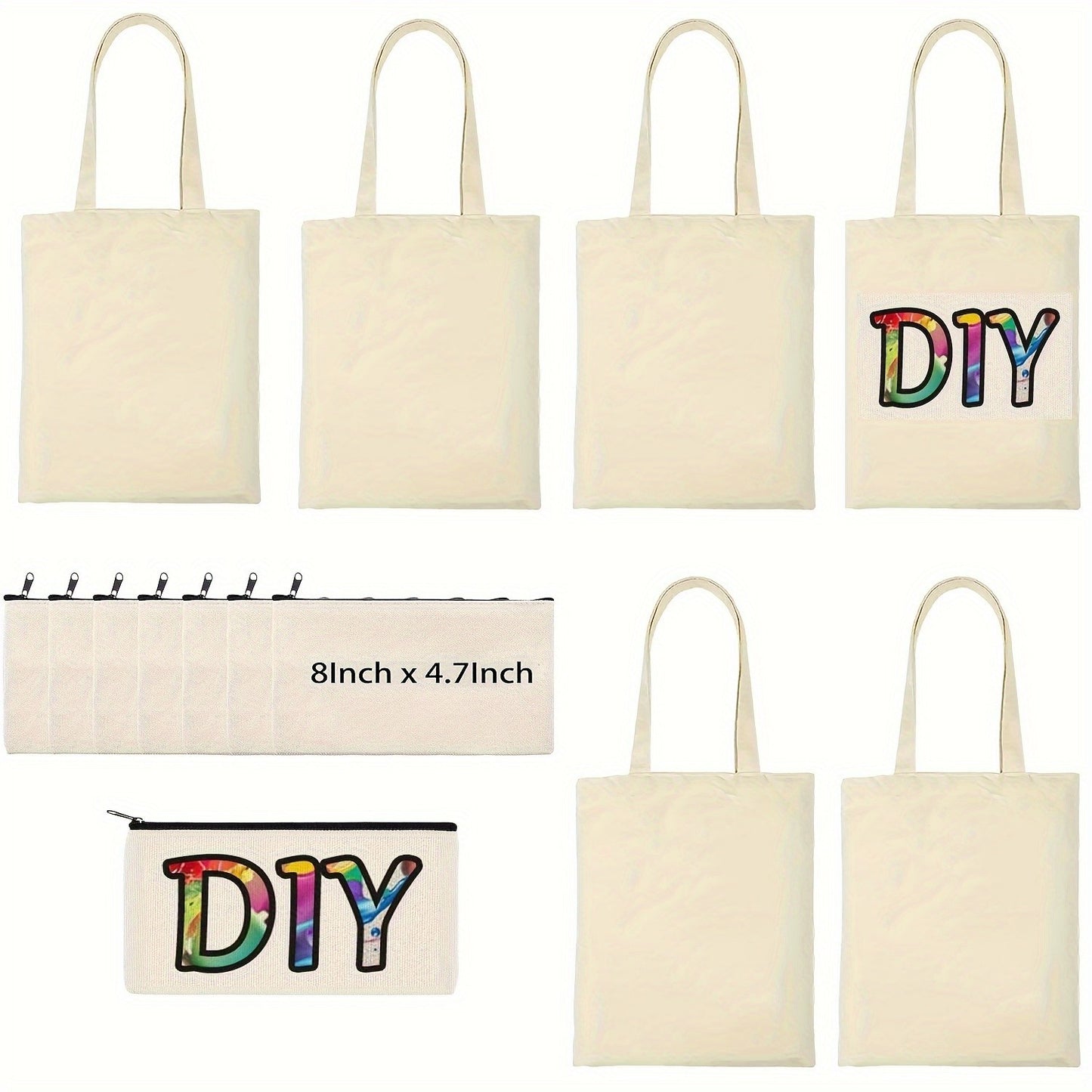 Kit de 12 Peças de Sacolas e Bolsas com Zíper para Sublimação – 6 Sacolas Reutilizáveis de Compras e 6 Necessaires para Artesanato DIY com Transferência de Calor