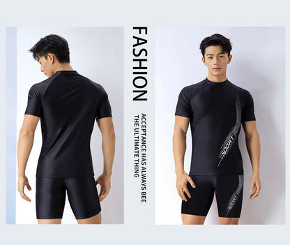 Men Swimsuit O-Neck Short Sleeve Mid-rise Swimming Suit Printing Slim Fit T-shirt Swimming Trucks Set Beachwear