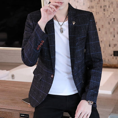 Men's casual plaid suit jacket, fashionable and versatile slim-fitting top, stylish plaid suit