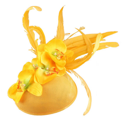 Fascinator Elegante de Lavanda com Flor Amarela Chapéu Derby para Senhora Chapéus de Igreja em Sinamay Fedora de Aba Larga Chapéu para Casamento Festa Vestido XMF320