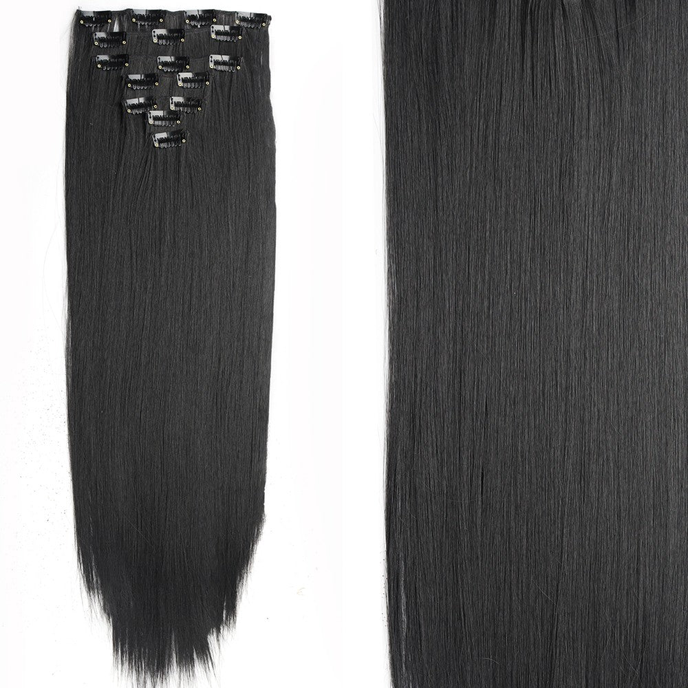 7 peças/conjunto de aplique de cabelo com 16 grampos, preto, longo e liso, cabelo natural, aplique de cabelo ombre, fibra resistente ao calor para penteado feminino