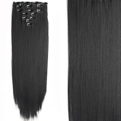 7 peças/conjunto de aplique de cabelo com 16 grampos, preto, longo e liso, cabelo natural, aplique de cabelo ombre, fibra resistente ao calor para penteado feminino