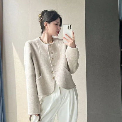 Women's New Round Neck Single-breasted Double-sided Tweed Coat Fashionable Casual and Versatile Elegant Top