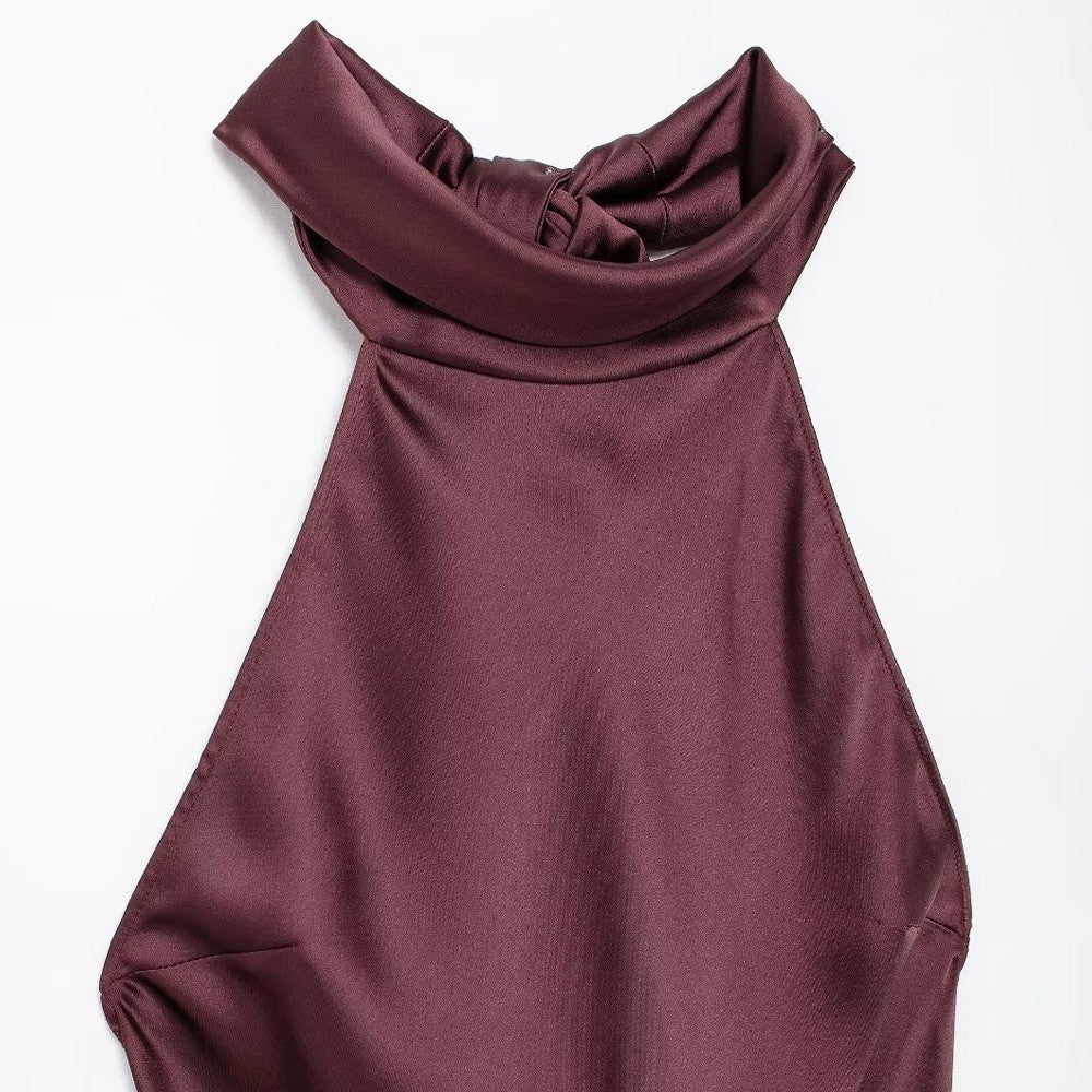 TRZA-Women's Long Satin Halter Dress, Backless, Bow Tied, Back Zipper, Female Dr