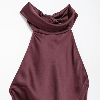 TRZA-Women's Long Satin Halter Dress, Backless, Bow Tied, Back Zipper, Female Dr