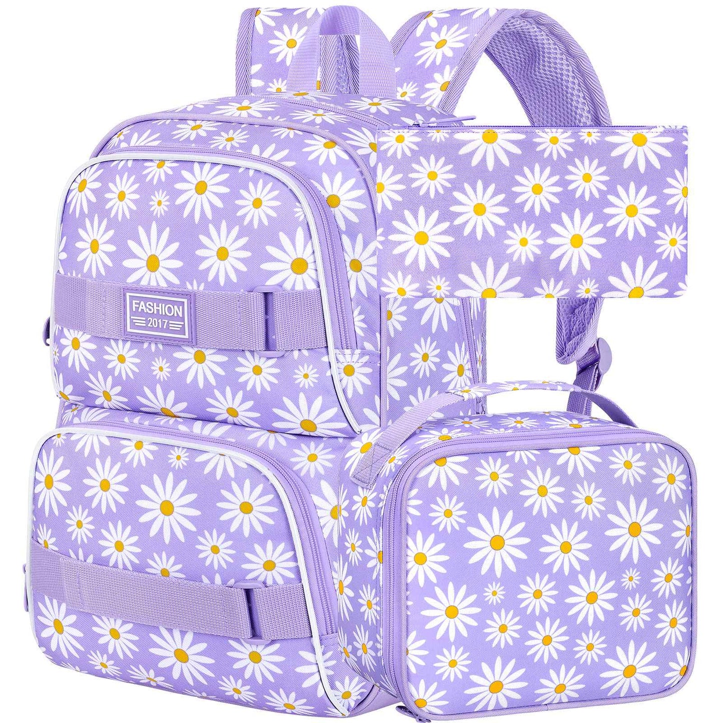 3PCS Daisy Girls Backpack, 17 Inch Laptop School Bookbag Teen College Water Resistant Kids Backpacks with Lunch Box Set - Grey