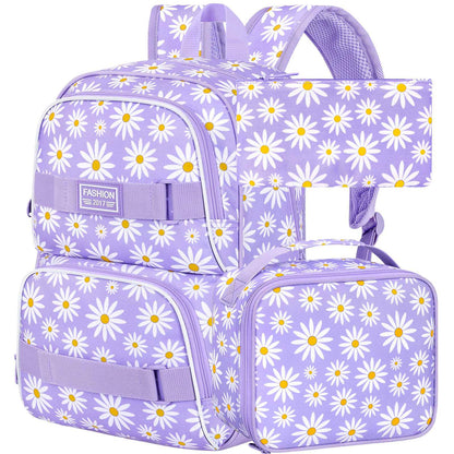 3PCS Daisy Girls Backpack, 17 Inch Laptop School Bookbag Teen College Water Resistant Kids Backpacks with Lunch Box Set - Grey