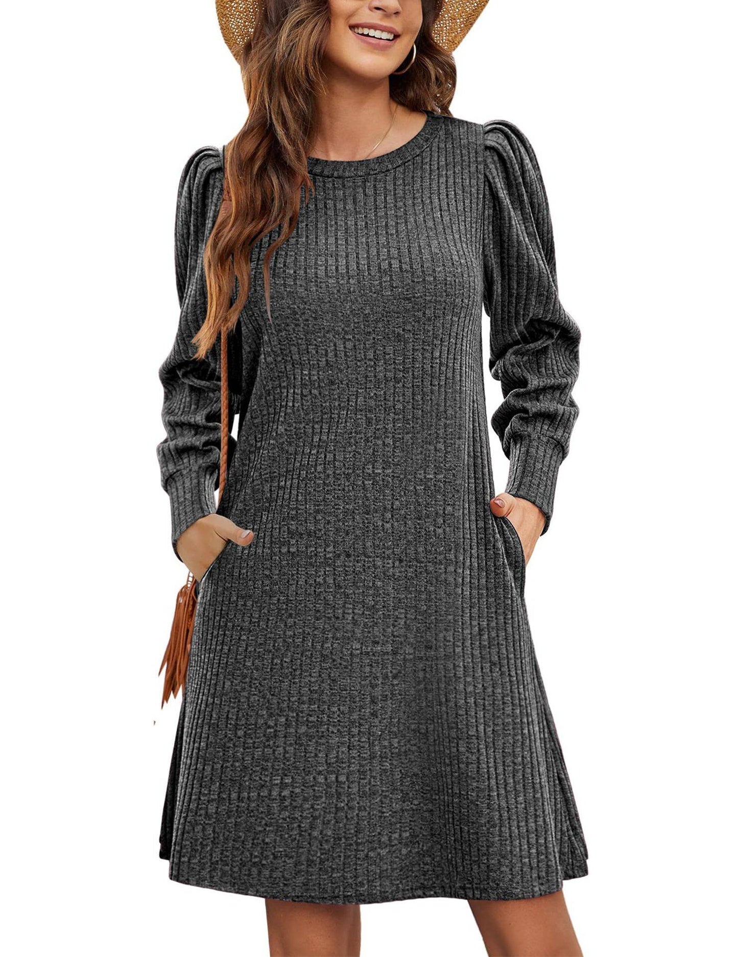 Y2K autumn and winter women's crew neck solid color sweater bubble sleeve fashion commuter dress comfortable casual loose dress
