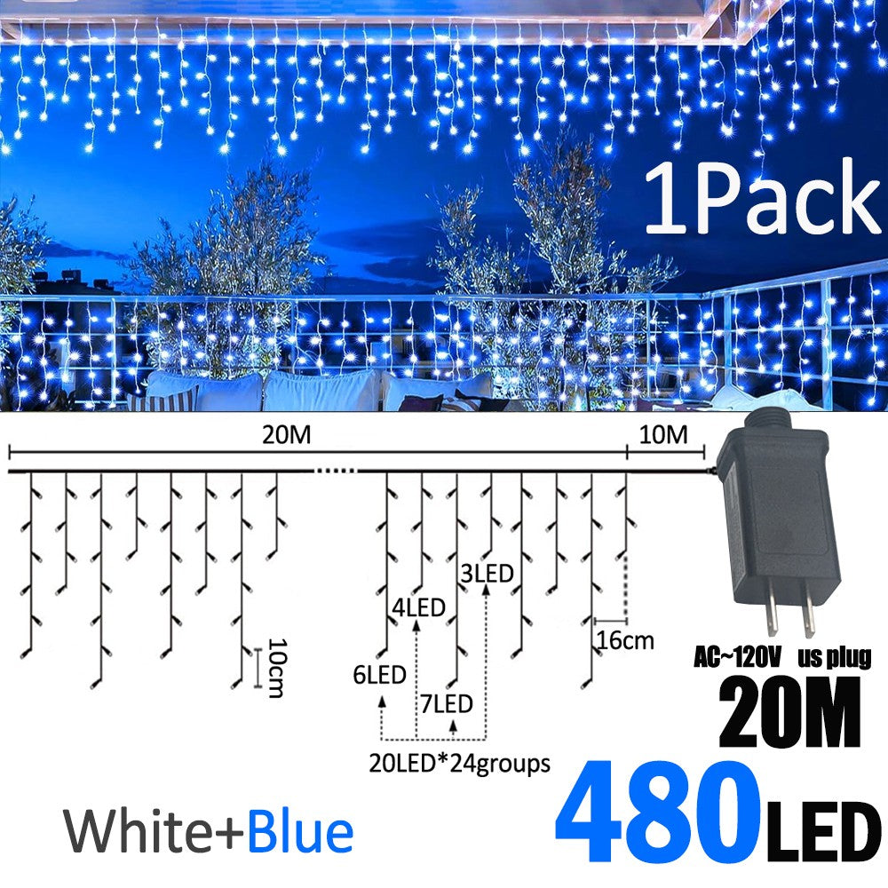 LED Christmas Icicle Curtain String Lights 20M+10M 480LED Extens 8Modes, Plug in Waterproof for Wedding Party Home Garden