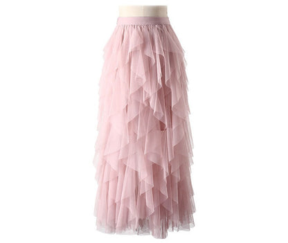 Tutu Tulle Long Maxi Skirt Women Fashion 2022 Korean Cute Pink High Waist Pleated Skirt Mesh Female Lady Aesthetic Faldas