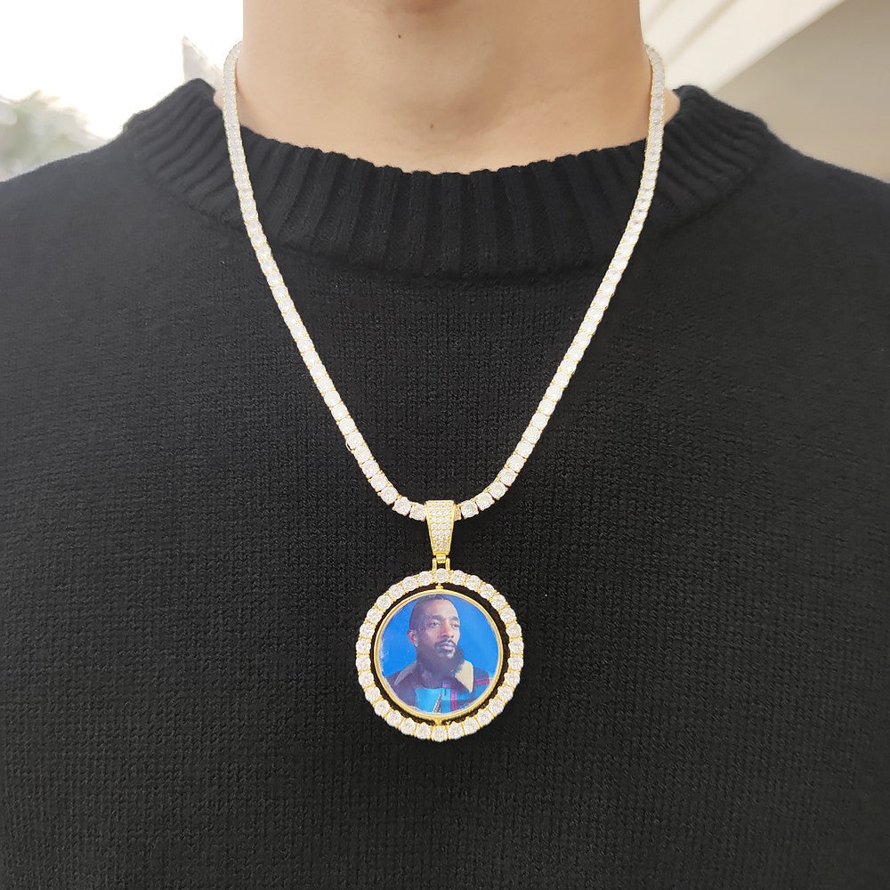 Wholesale Custom Photo Pendant Memory Medallions Rotary Double-Sided Picture Necklace Hip Hop Iced Jewelry Personalized Gift