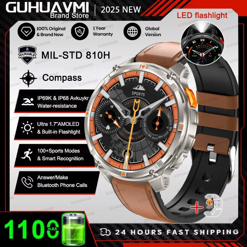 Smartwatch Masculino 2026 Novo Militar 1100mAh Bateria Tela AMOLED 1.7" Bússola GPS Lanterna Chamada Bluetooth 5ATM Natação