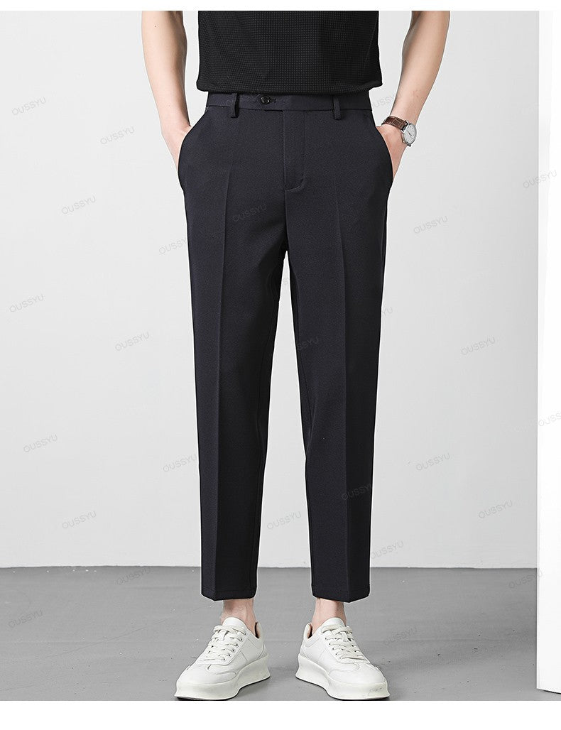 Spring Summer Suit Pants Men Business Smooth Slim Business Office Social Elastic Waist Ankle Length Formal Korean Trousers Male