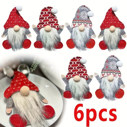 Um conjunto de 6 talheres (garfo e faca) temático de anões com um saco de armazenamento de tecido - talheres xadrez vermelho e branco, adequado para o Natal