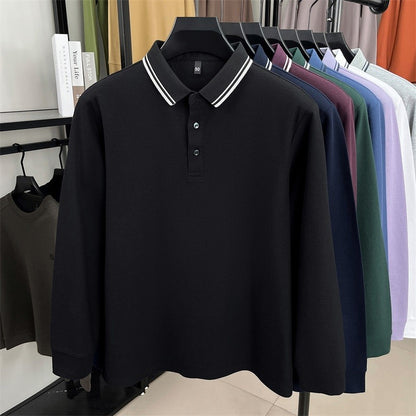 100% pure cotton high-quality long sleeve polo shirt men's autumn new style comfort casual luxury double striped lapel T-shirt
