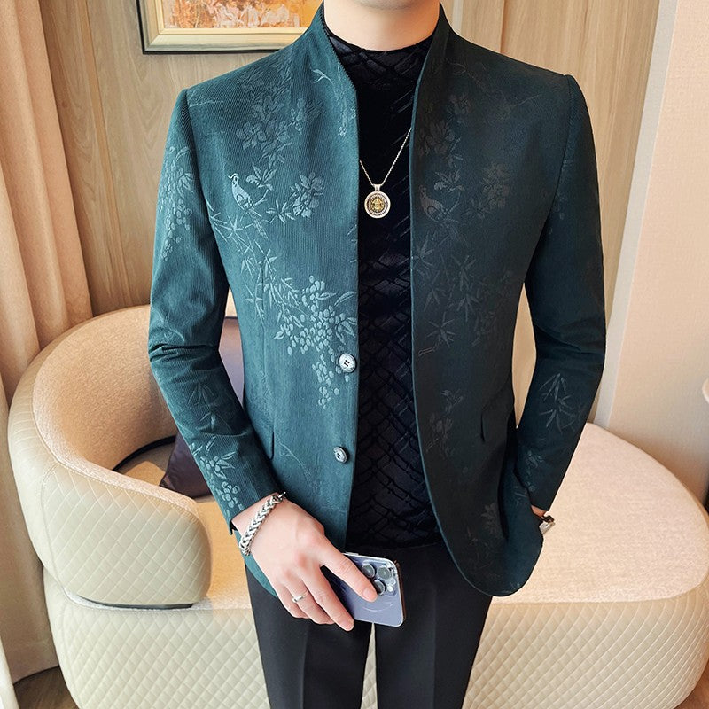 Men's New Chinese Stand Collar Blazer Jacket 2025 Fashion Elegant Printed Slim Fit Business Suits Jacket Tailcoat Men Clothing