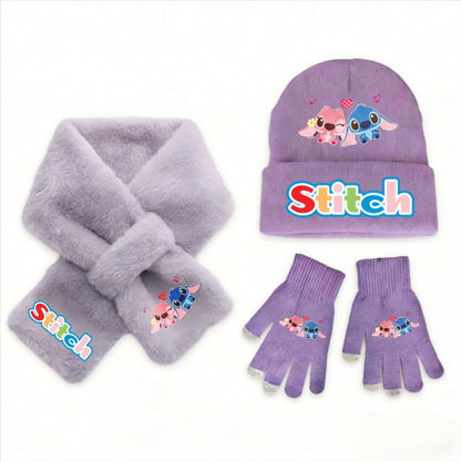 Conjunto de 3 peças de chapéu, cachecol e luvas de malha de inverno Stitch Disney Kawaii quente para meninas Acessórios casuais de moda infantil presente de Natal perfeito