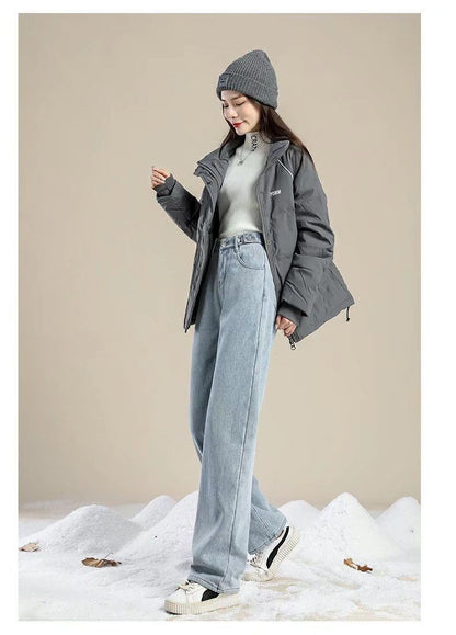 Thickened Fleece Lined Retro Women's Wide Leg Jeans Winter New Style Hong Kong Flavor Small Size Straight Cut Warm Trousers