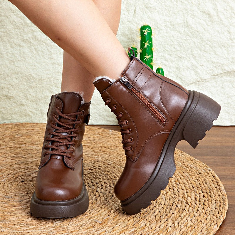 Brown Retro  Boots For Women British Style2025Autumn And Winter New Thick-Soled Height-Increasing Short Boots With