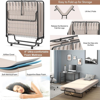 Portable Adult Guest Bed with 4-Inch Mattress and Four Wheels for Space-Saving Storage