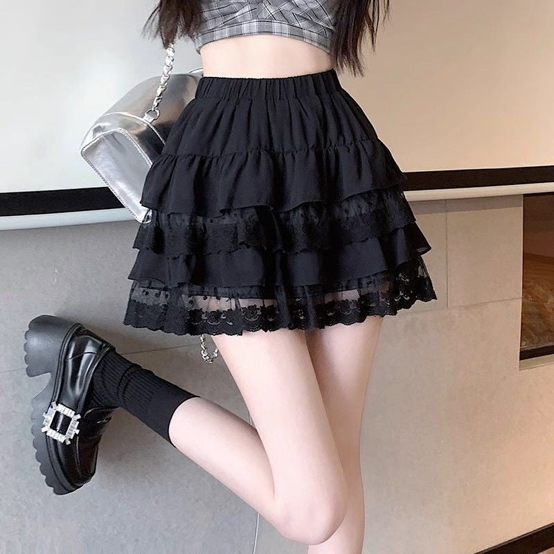 JOEVILU White Tutu Skirt A-line Elastic High Waist Mini Skirts Short Lace Cake Skirt Thin Summer Korean Fashion Goth Y2k Clothes
