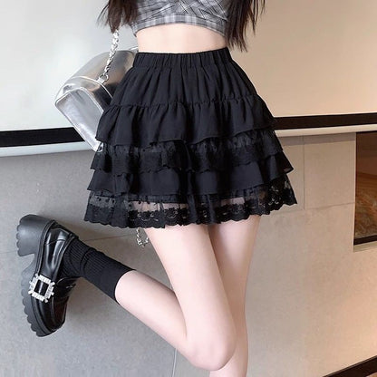 JOEVILU White Tutu Skirt A-line Elastic High Waist Mini Skirts Short Lace Cake Skirt Thin Summer Korean Fashion Goth Y2k Clothes