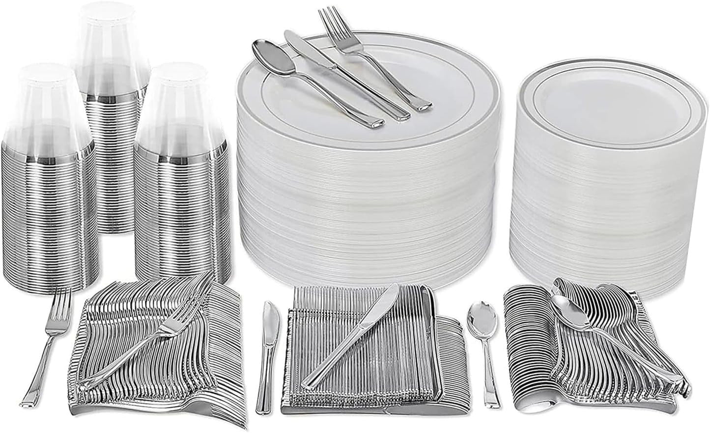 Conjunto de Louça Descartável para Festa Prestee com 600 Peças para 100 Convidados, Talheres Dourados Descartáveis com Pratos, Copos, Facas, Garfos e Colheres